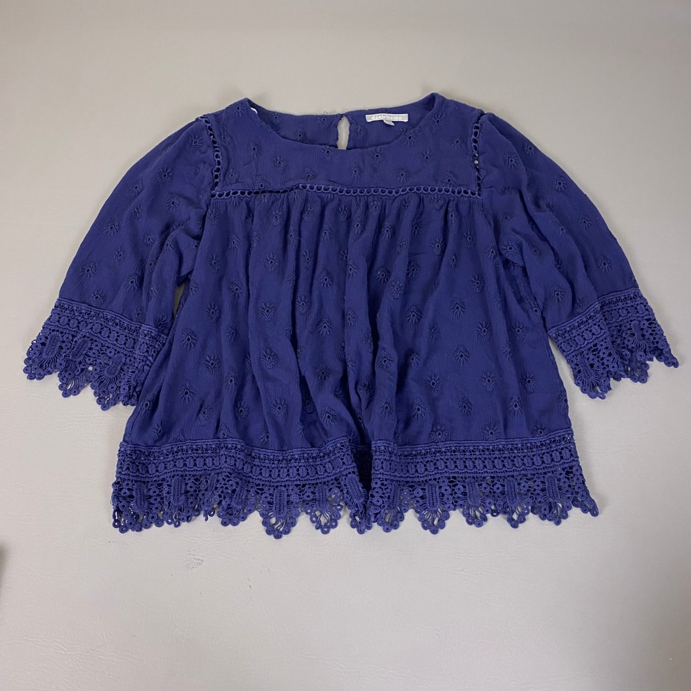 Daniel Rainn Blouse Women's Plus Size 2X Blue Eyelet Lace Trim Boho 3/4 Sleeve